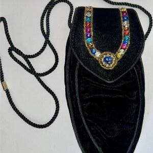 Black Velvet Beaded Seqin Crossbody Evening Bag Vintage Lancôme